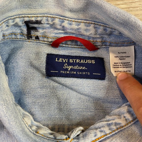 Levi Strauss Signature Premium Shirt Denim Cotton XL Light Wash Pearl Snap - Picture 4 of 8